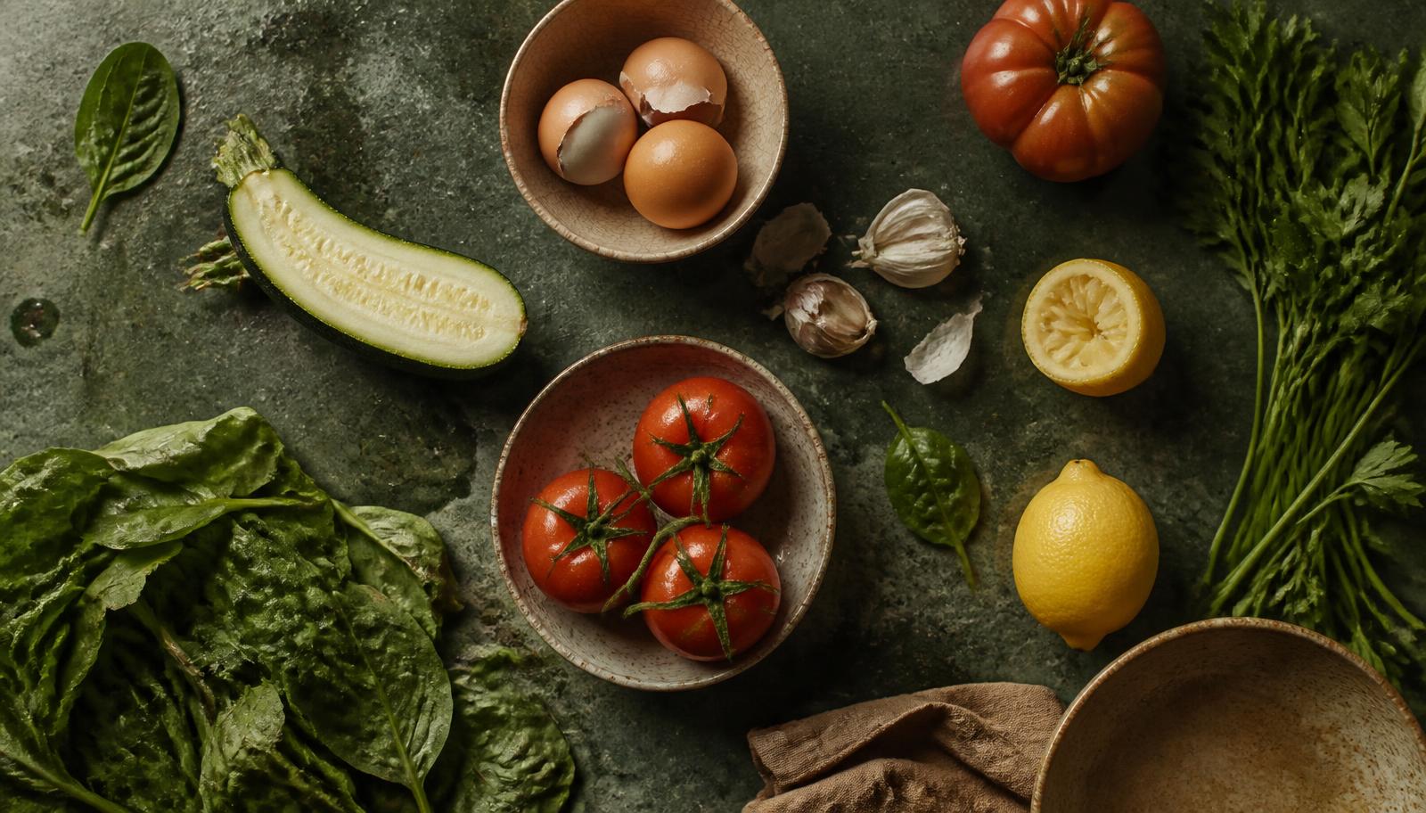 Vegetales y huevos sobrantes sobre una mesa de piedra
